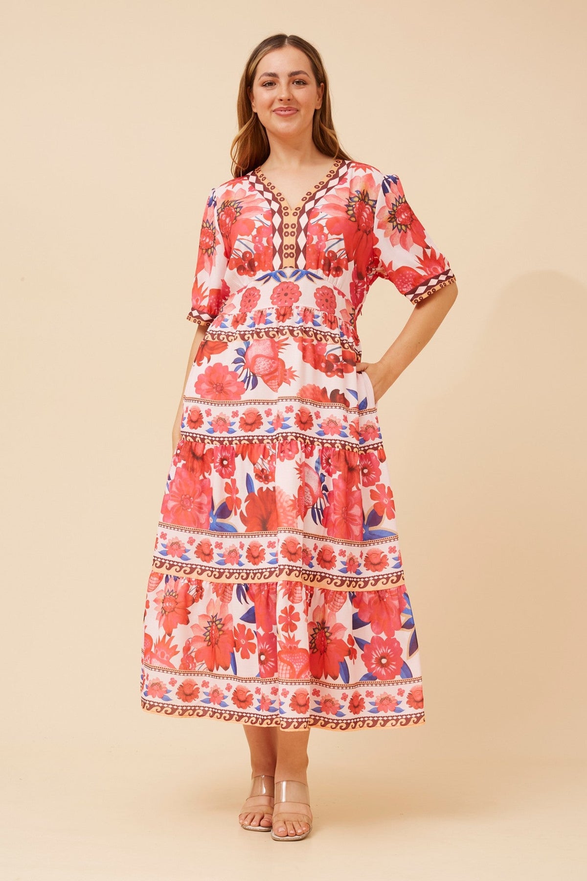 Image of Dresses. Product name - RONA FLORAL BORDER PRINT DRESS in Multi Red colour by brand - Caroline Morgan Australia