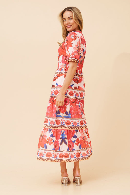 RONA FLORAL BORDER PRINT DRESS (Multi Red)