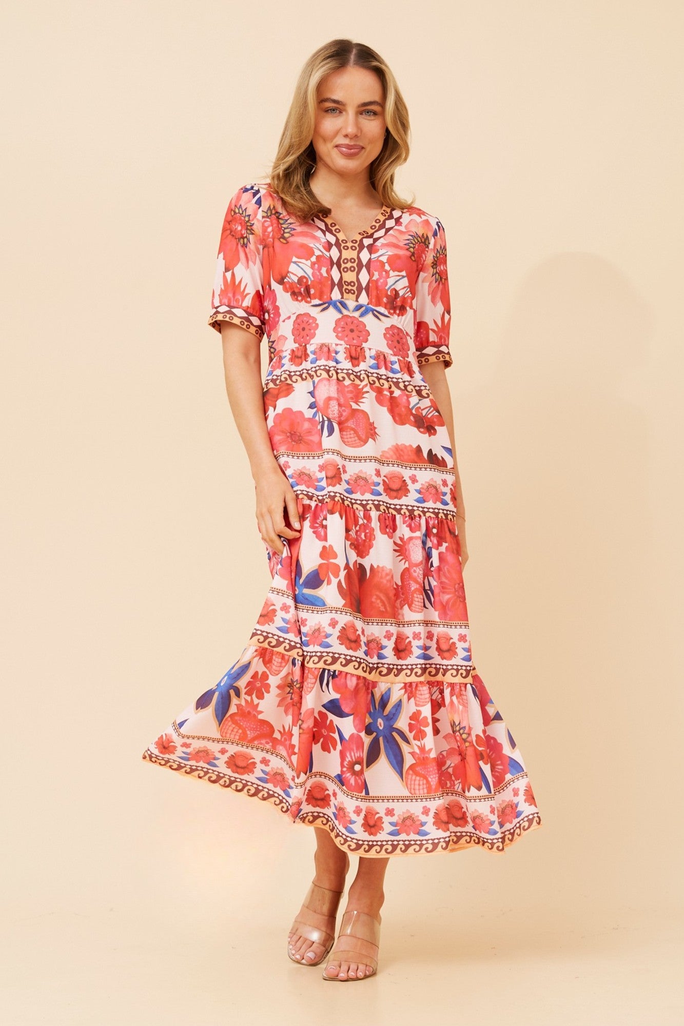 RONA FLORAL BORDER PRINT DRESS (Multi Red)