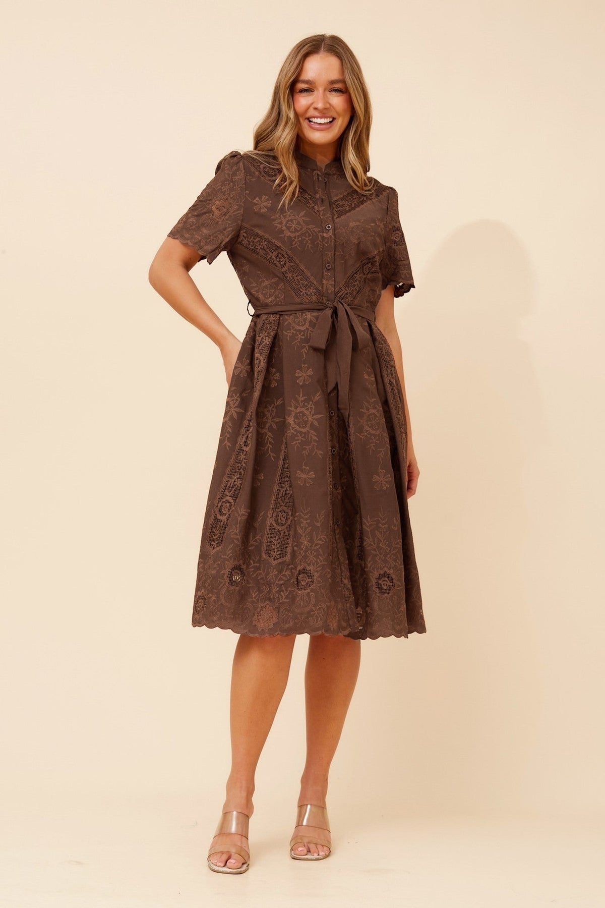 Image of Dresses. Product name - MALVINA LACE MIDI DRESS in Chocolate colour by brand - Caroline Morgan Australia