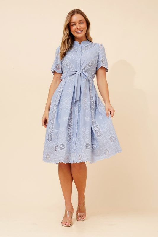 Image of Dresses. Product name - MALVINA LACE MIDI DRESS in Skylight colour by brand - Caroline Morgan Australia