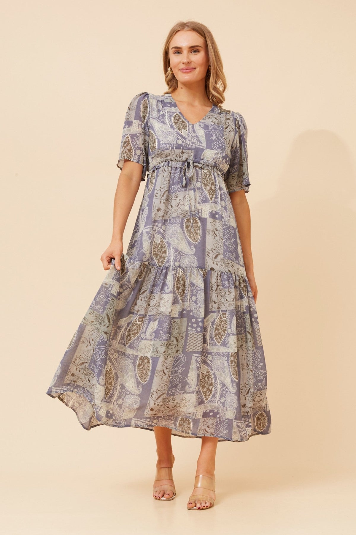 Image of Dresses. Product name - IVANA PACHTWORK PRINT MAXI DRESS in Blue colour by brand - Caroline Morgan Australia