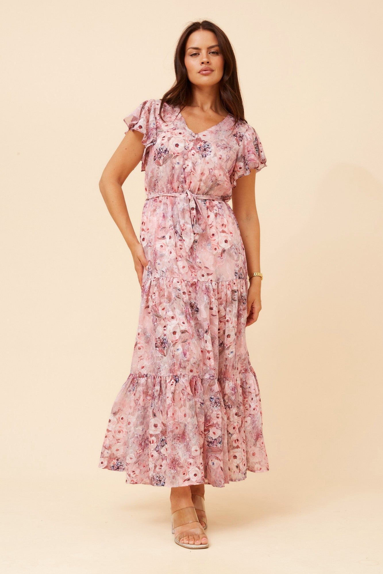 Image of Dresses. Product name - YASMIN FLORAL MAXI DRESS in Pink colour by brand - Caroline Morgan Australia
