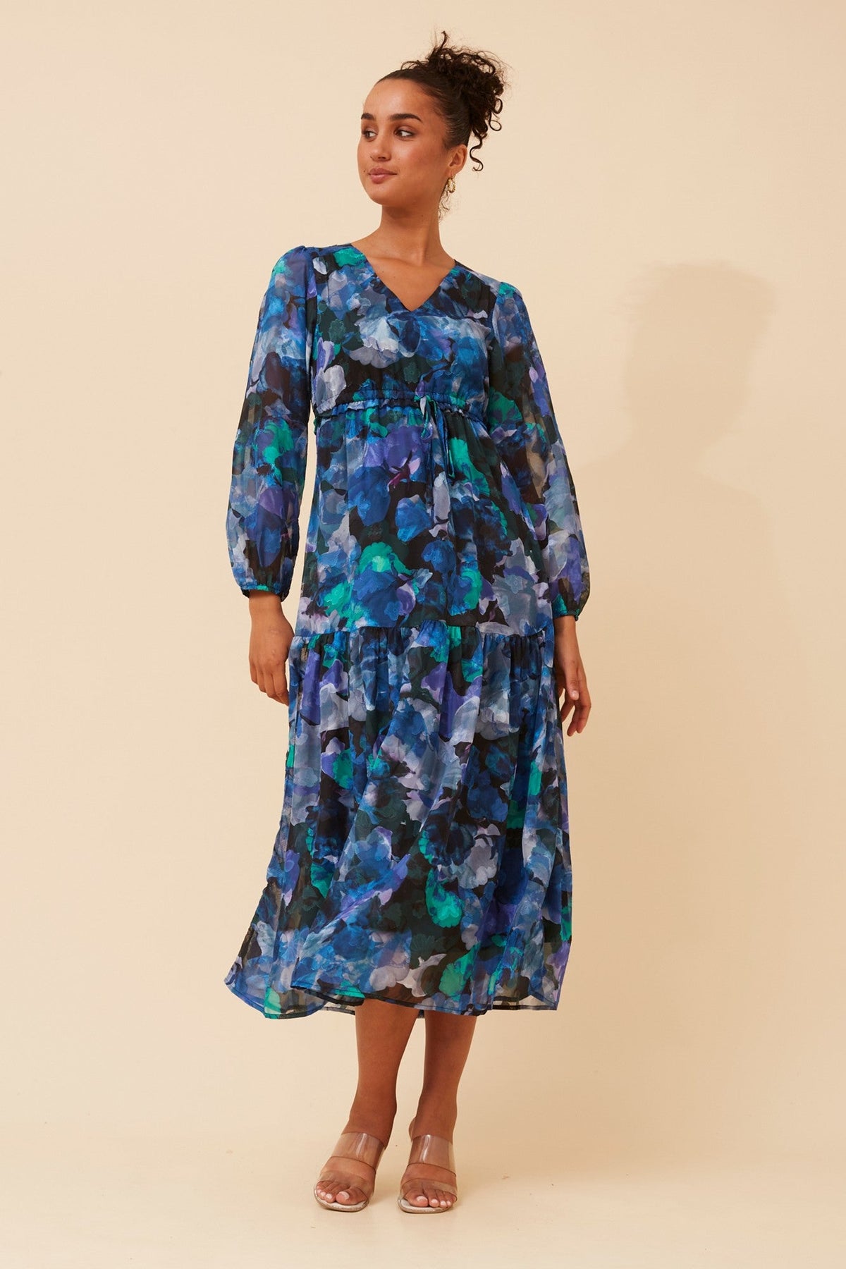 Image of Dresses. Product name - CRYSTELLE ABSTRACT PRINT MAXI DRESS in Multi Blue colour by brand - Caroline Morgan Australia