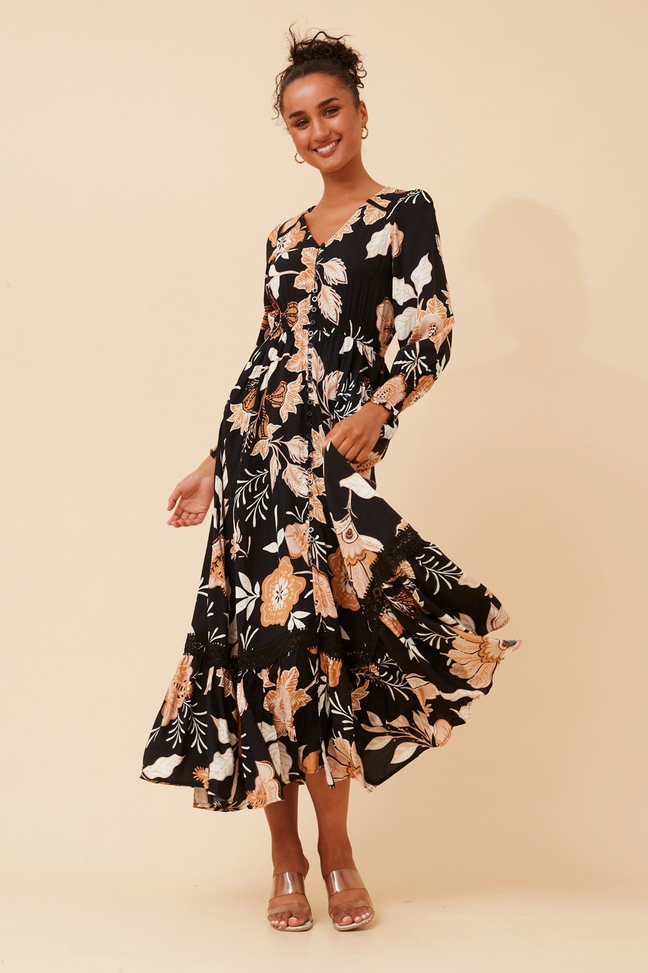 MARRAKECH FLORAL PRINT MAXI DRESS (Multi Black)