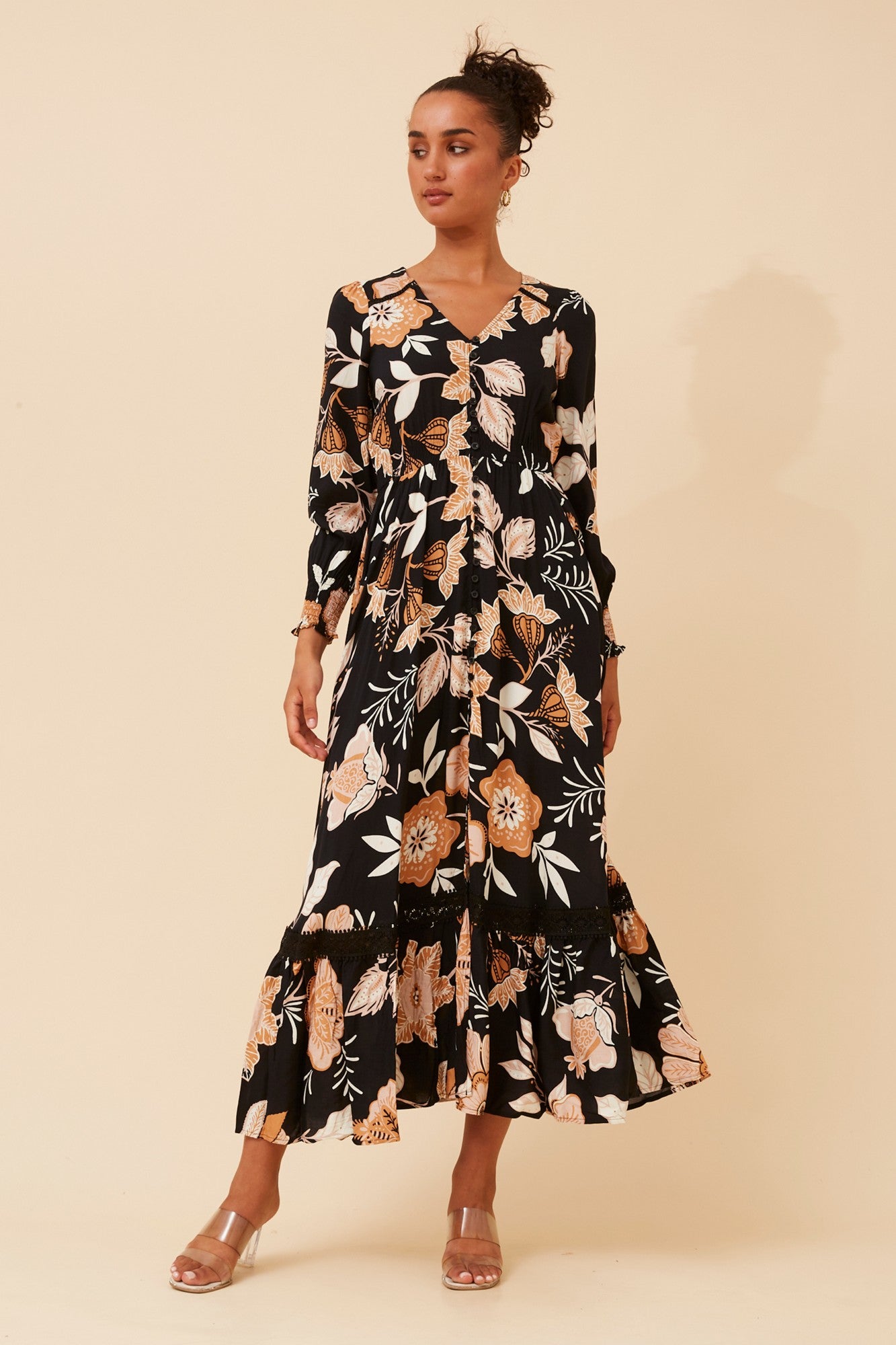 MARRAKECH FLORAL PRINT MAXI DRESS (Multi Black)