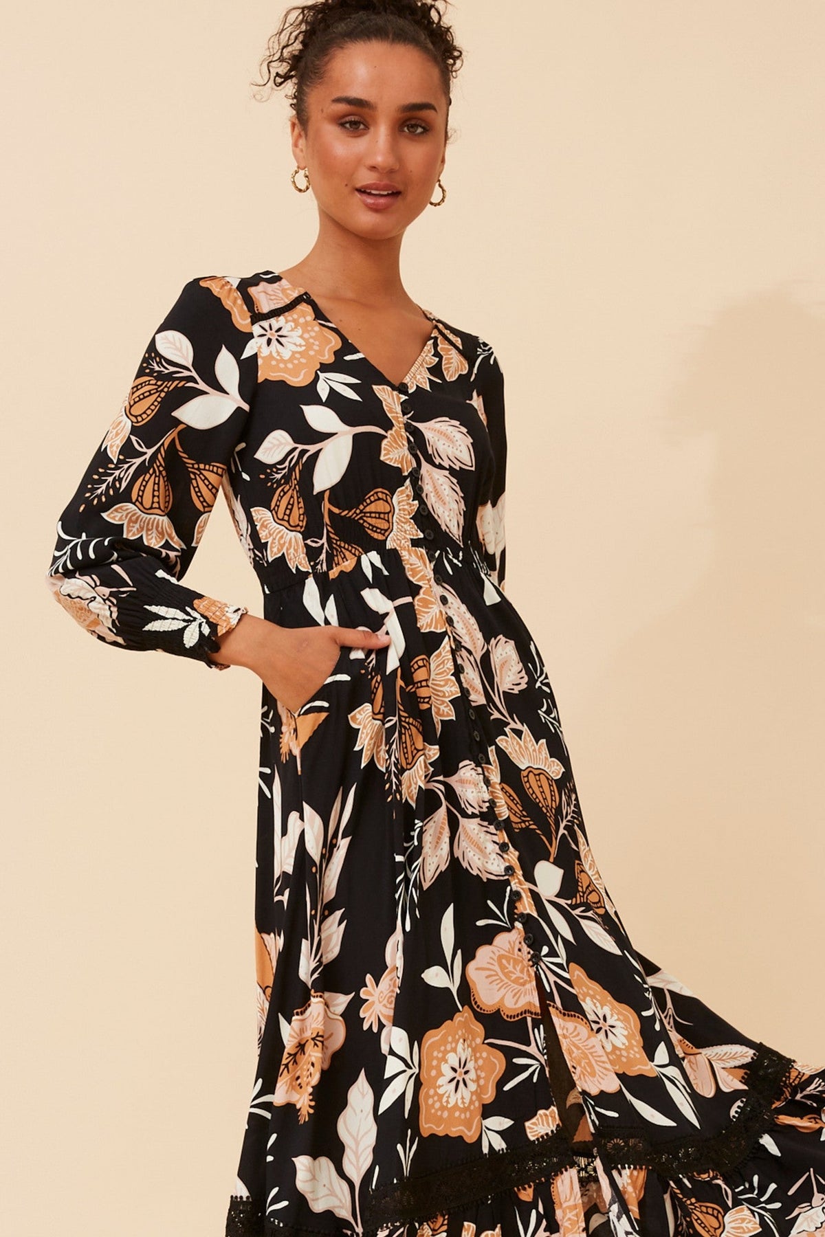 MARRAKECH FLORAL PRINT MAXI DRESS (Multi Black)