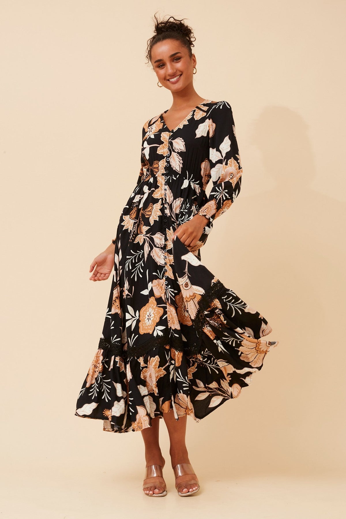 MARRAKECH FLORAL PRINT MAXI DRESS (Multi Black)