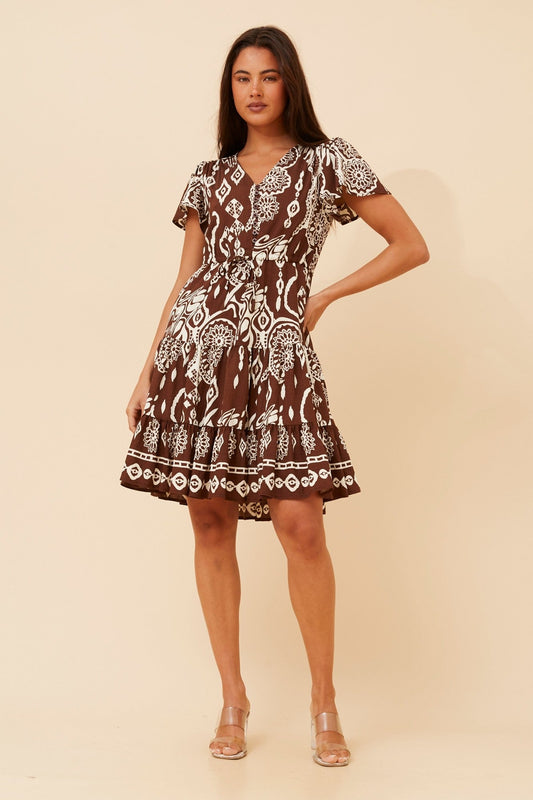 Image of Dresses. Product name - CHLOE BORDER PRINT DRESS in Dark Coffee colour by brand - Caroline Morgan Australia