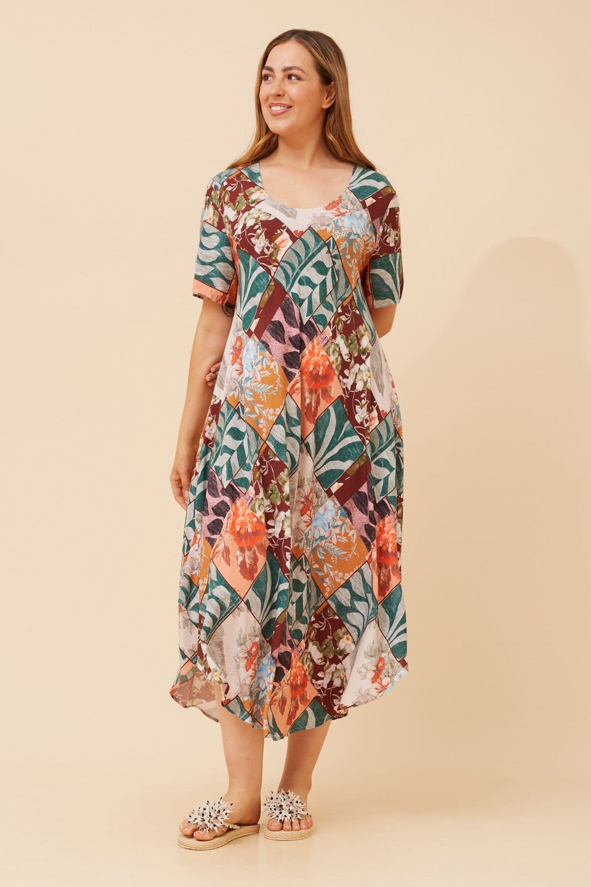 Image of Dresses. Product name - YESSICA PATCHWORK PRINT MIDI DRESS in Green colour by brand - Caroline Morgan Australia