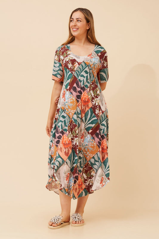 Image of Dresses. Product name - YESSICA PATCHWORK PRINT MIDI DRESS in Green colour by brand - Caroline Morgan Australia