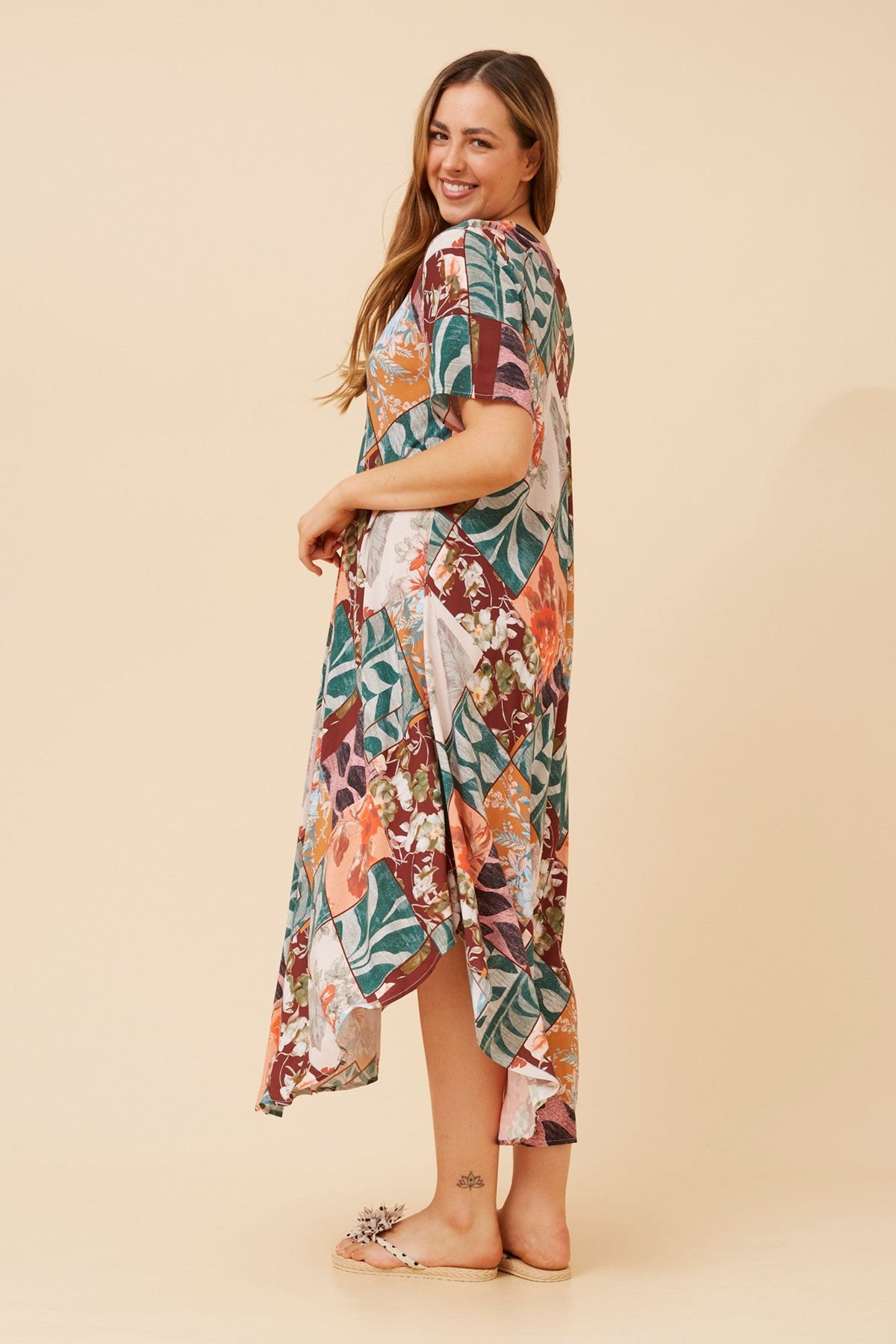 YESSICA PATCHWORK PRINT MIDI DRESS (Green)