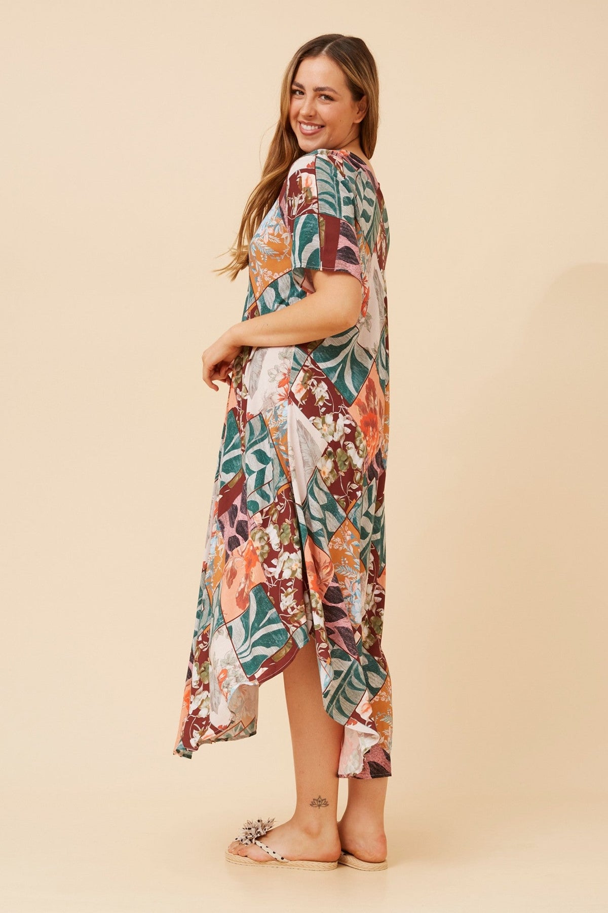 YESSICA PATCHWORK PRINT MIDI DRESS (Green)