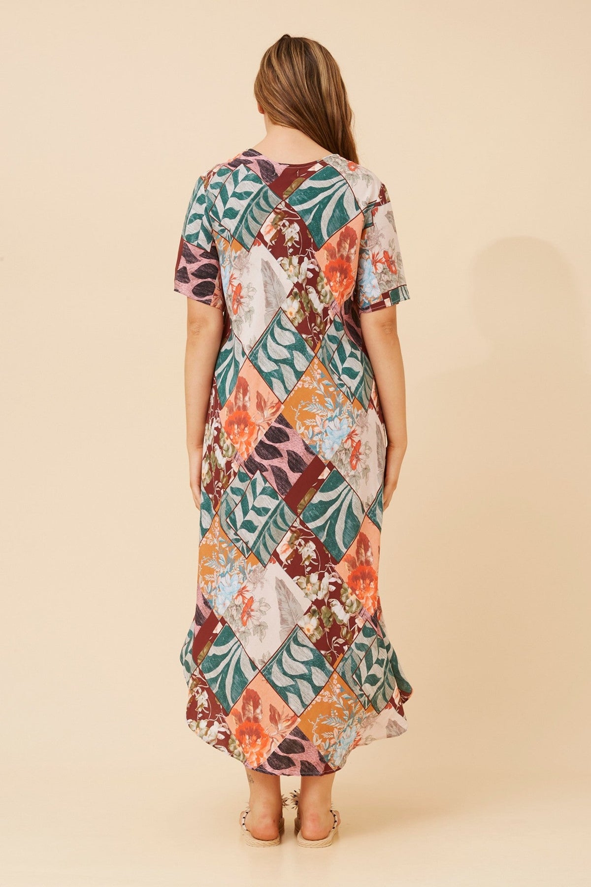 YESSICA PATCHWORK PRINT MIDI DRESS (Green)