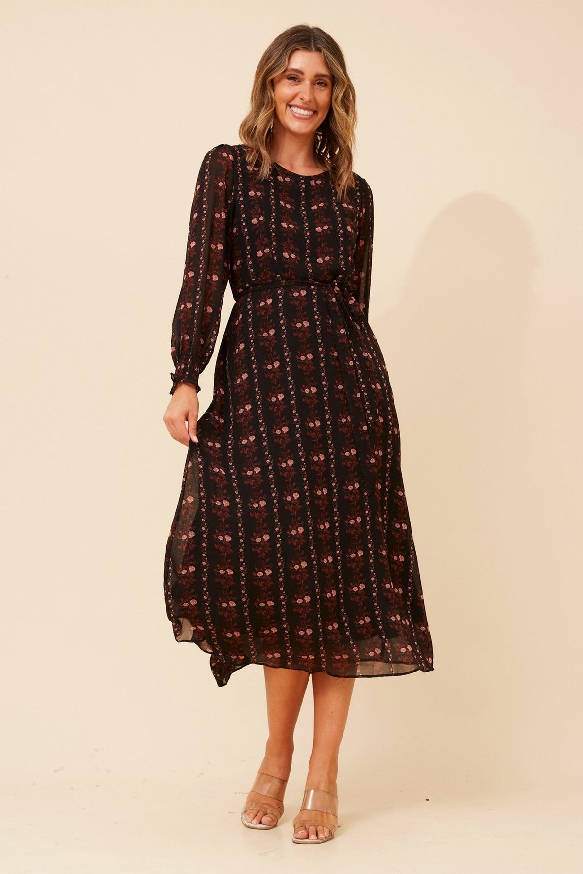 Image of Dresses. Product name - PRISCILLA DITSY PRINT MAXI DRESS in Multi Black colour by brand - Caroline Morgan Australia