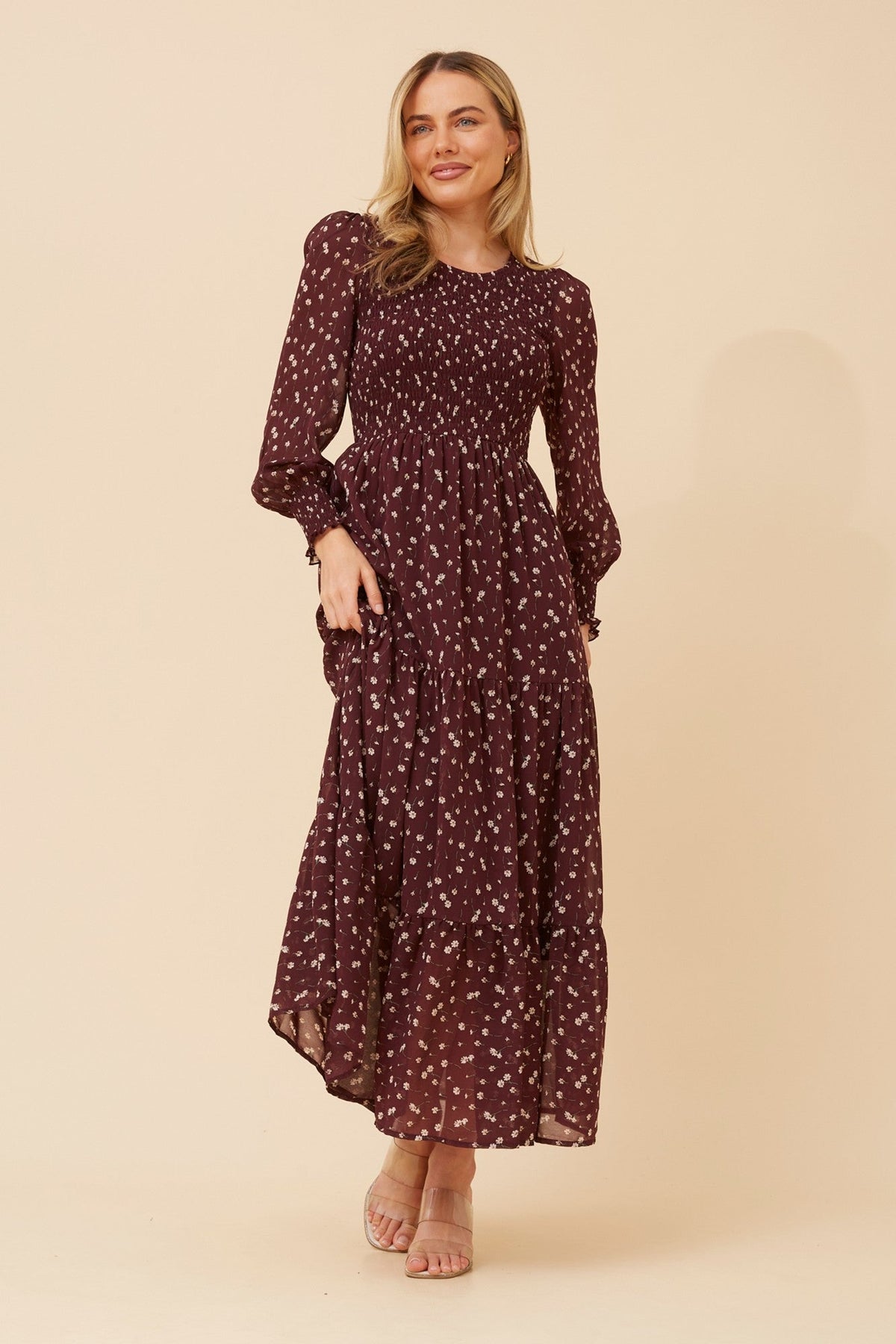 Image of Dresses. Product name - SHERRY DITSY PRINT MAXI DRESS in Aubergine colour by brand - Caroline Morgan Australia