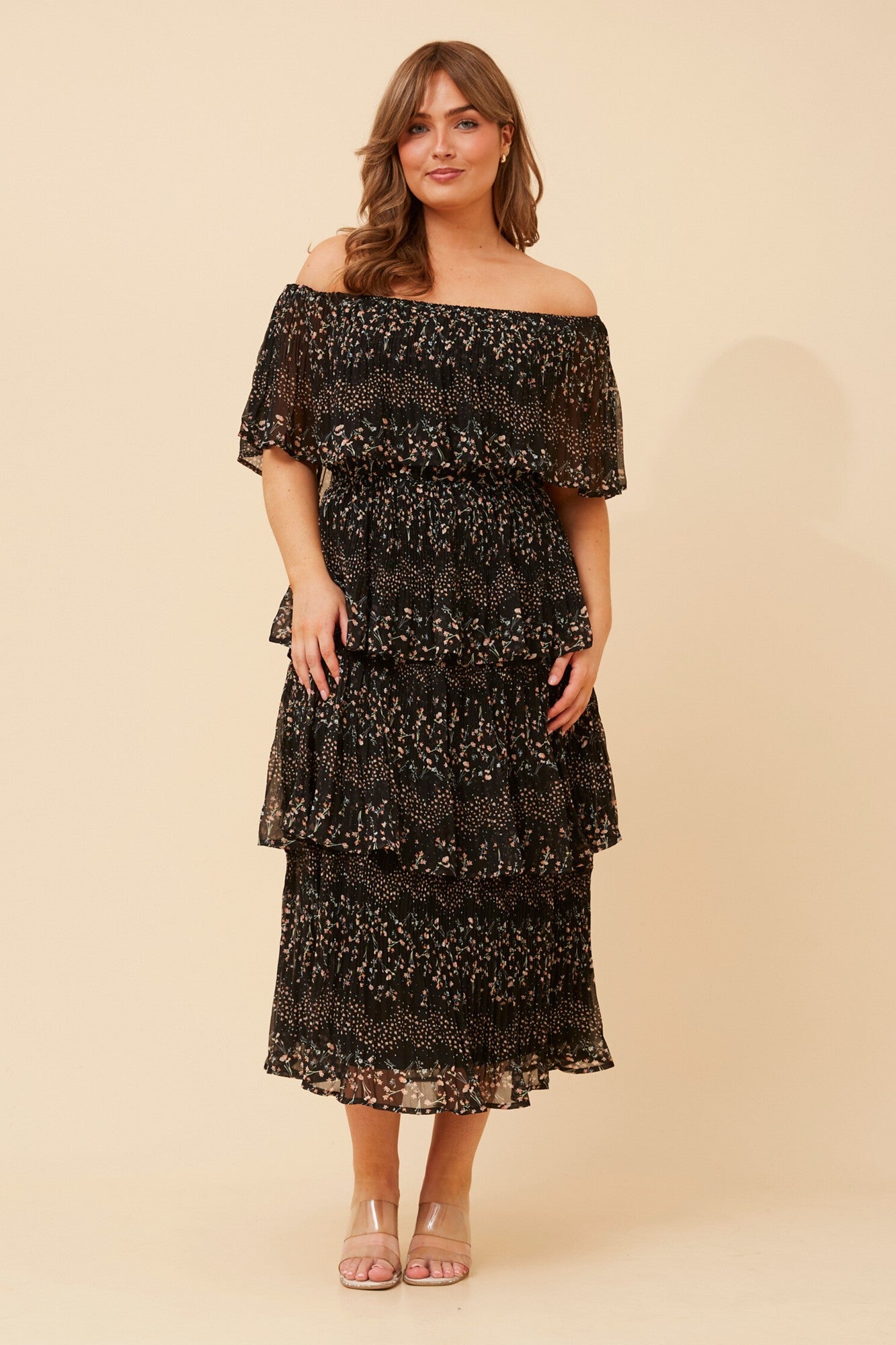Image of Dresses. Product name - SAMARA DITSY PRINT MIDI DRESS in Black colour by brand - Caroline Morgan Australia