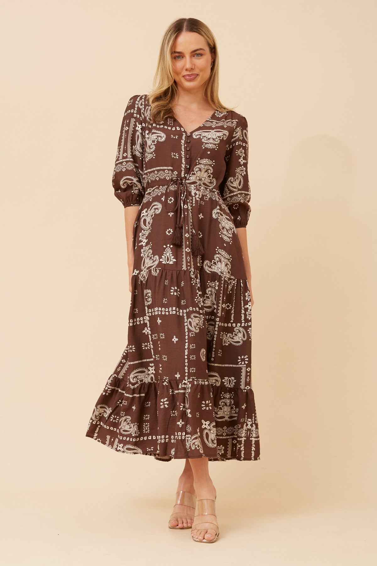 Image of Dresses. Product name - KYLENE BANDANA PRINT MAXI DRESS in Chocolate colour by brand - Caroline Morgan Australia