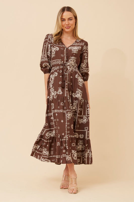 Image of Dresses. Product name - KYLENE BANDANA PRINT MAXI DRESS in Chocolate colour by brand - Caroline Morgan Australia