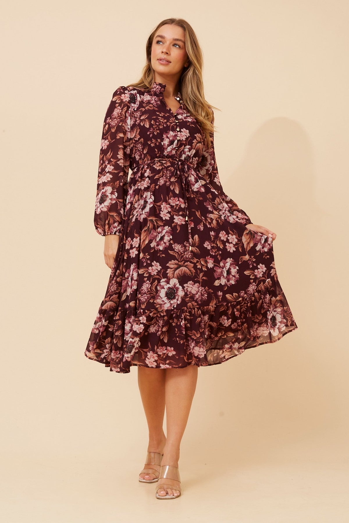 Image of Dresses. Product name - KATARA FLORAL MIDI DRESS in Burgundy colour by brand - Caroline Morgan Australia