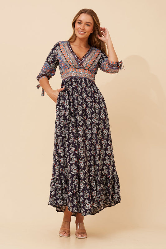Image of Dresses. Product name - JASMINE BORDER PRINT MAXI DRESS in Multi Navy colour by brand - Caroline Morgan Australia