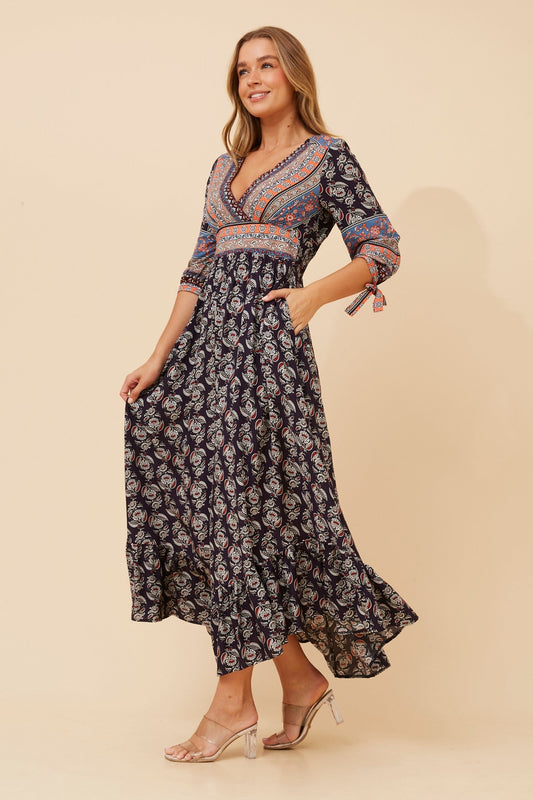 JASMINE BORDER PRINT MAXI DRESS (Multi Navy)