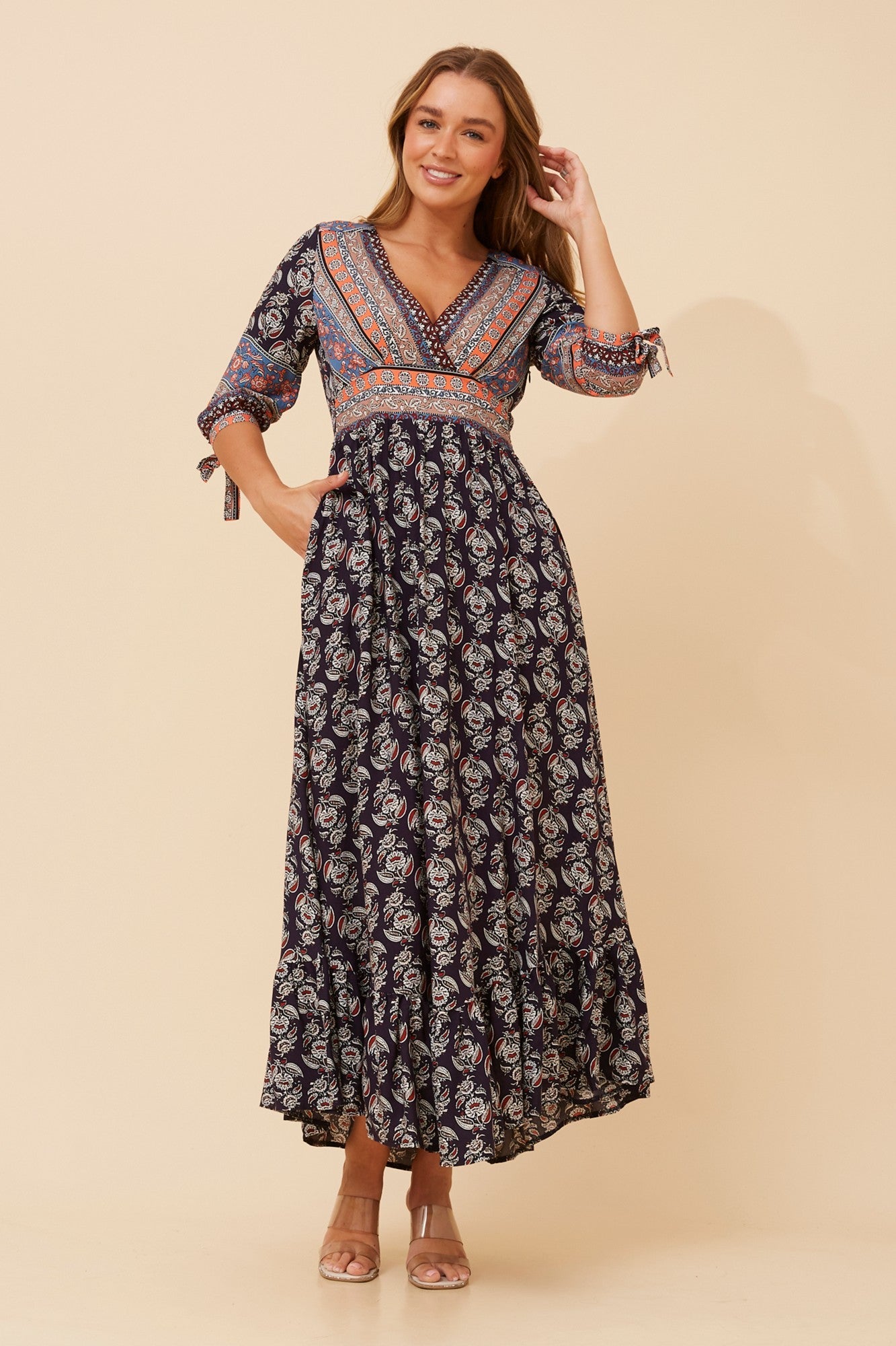 JASMINE BORDER PRINT MAXI DRESS (Multi Navy)