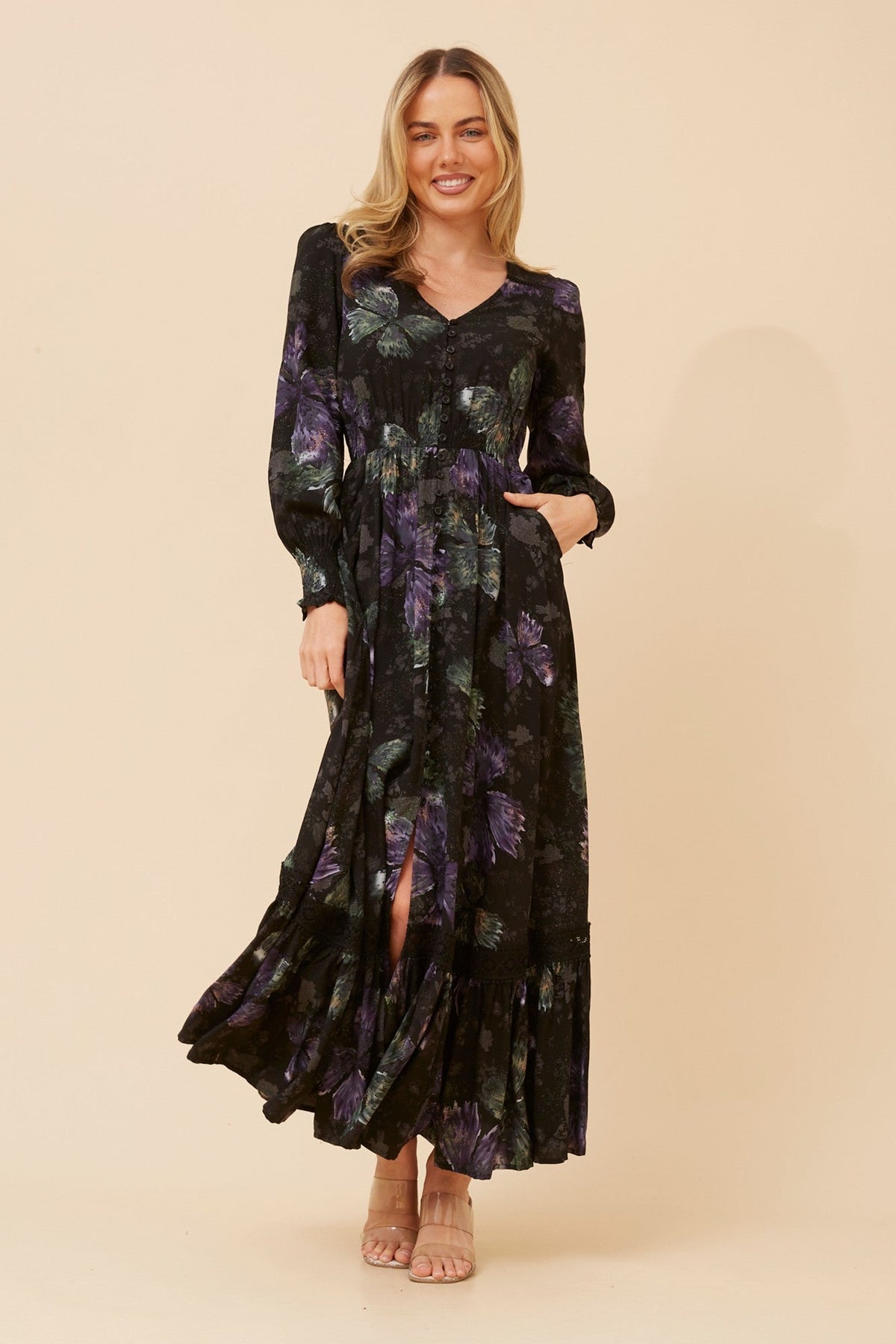 Image of Dresses. Product name - MARRAKECH BUTTERFLY PRINT MAXI DRESS in Black colour by brand - Caroline Morgan Australia