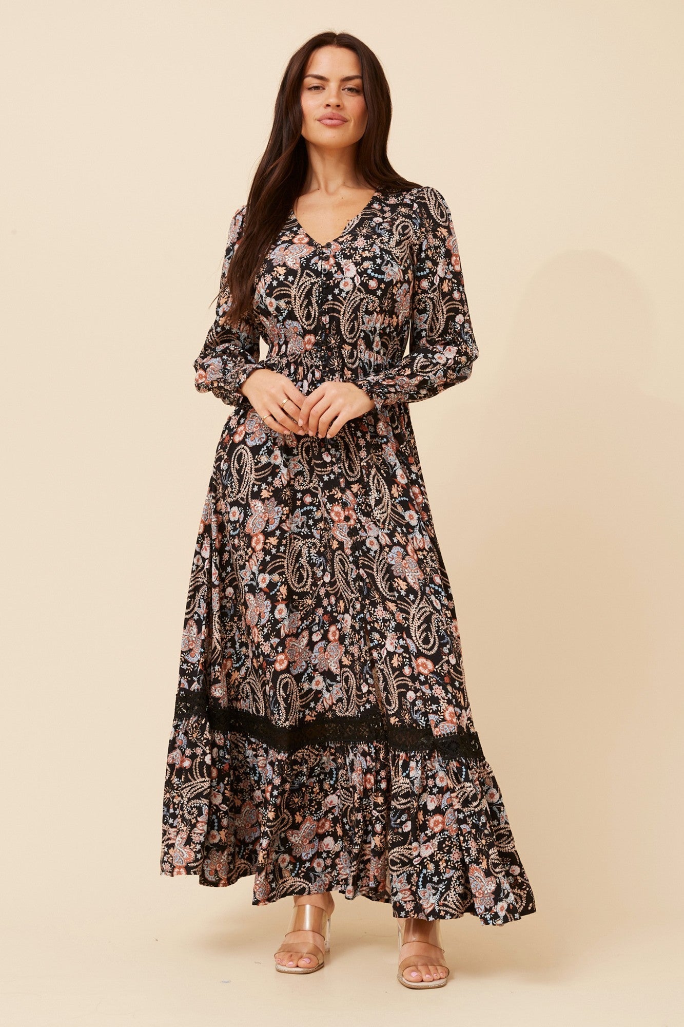 Image of Dresses. Product name - MARRAKECH PAISLEY PRINT MAXI DRESS in Black colour by brand - Caroline Morgan Australia