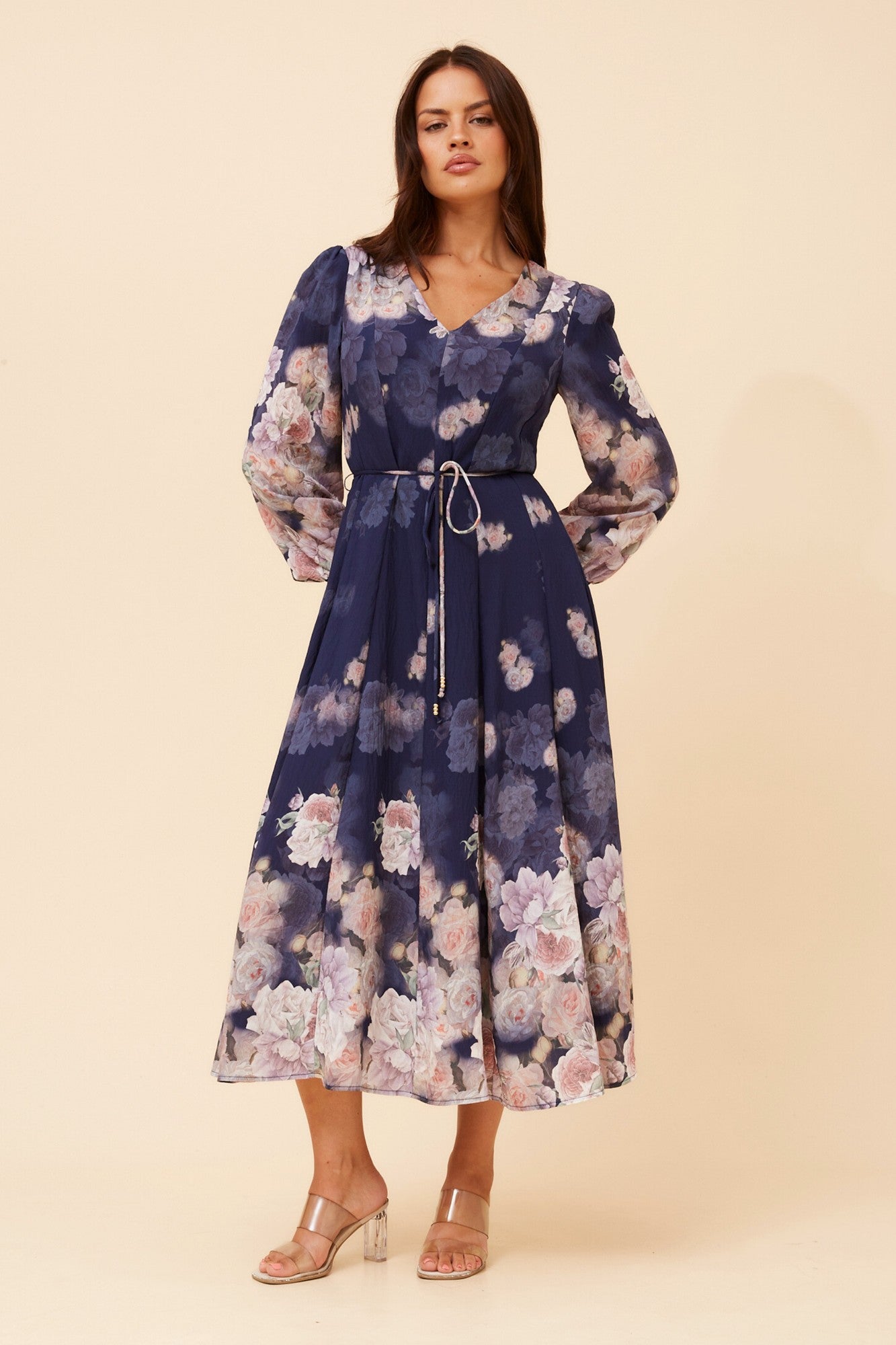 Image of Dresses. Product name - JANAE FLORAL MIDI DRESS in Navy colour by brand - Stella + Biancca