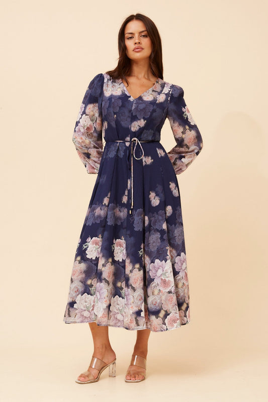 Image of Dresses. Product name - JANAE FLORAL MIDI DRESS in Navy colour by brand - Stella + Biancca