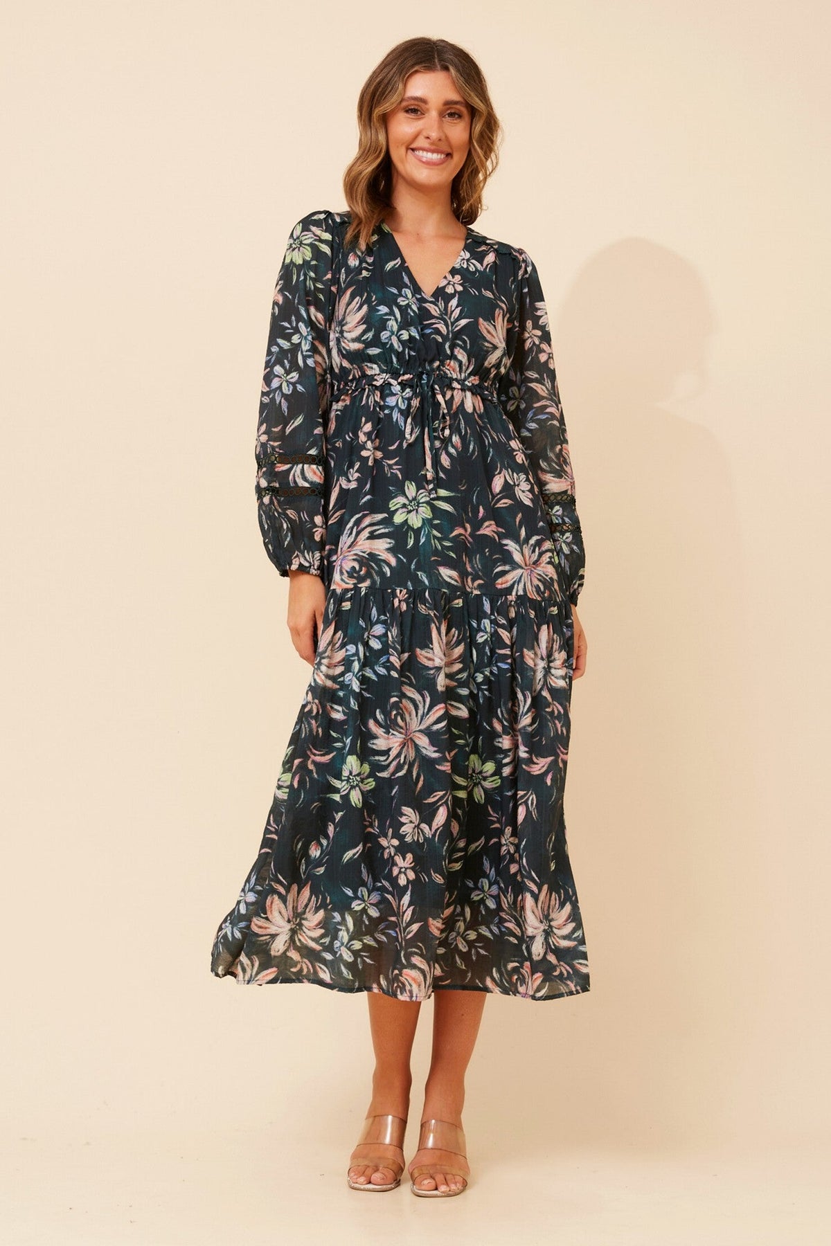 Image of Dresses. Product name - CRYSTELLE FLORAL MAXI DRESS in Emerald colour by brand - Caroline Morgan Australia