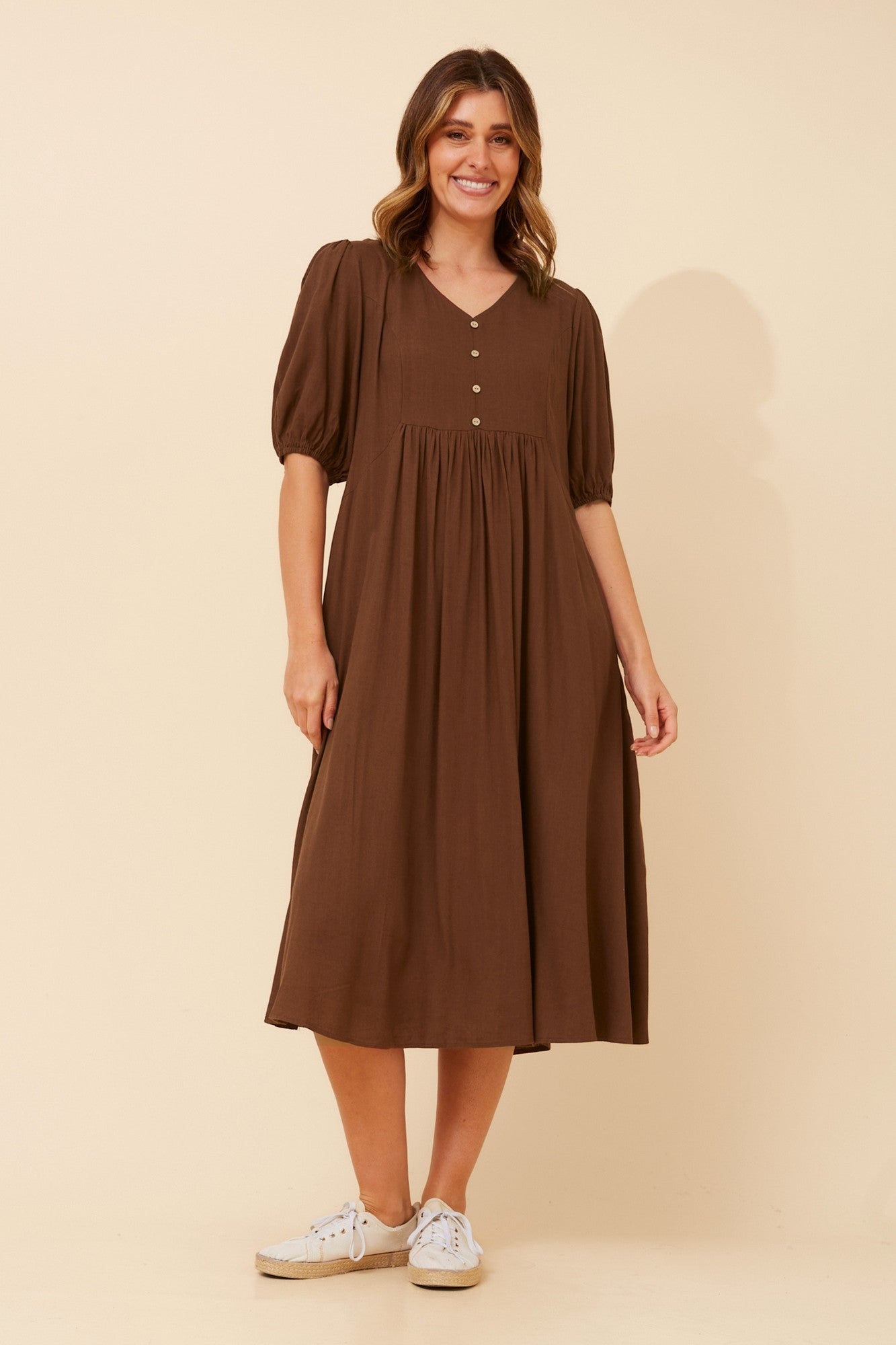 Image of Dresses. Product name - ORAZIA LINEN BLEND DRESS in Jade colour by brand - Caroline Morgan Australia