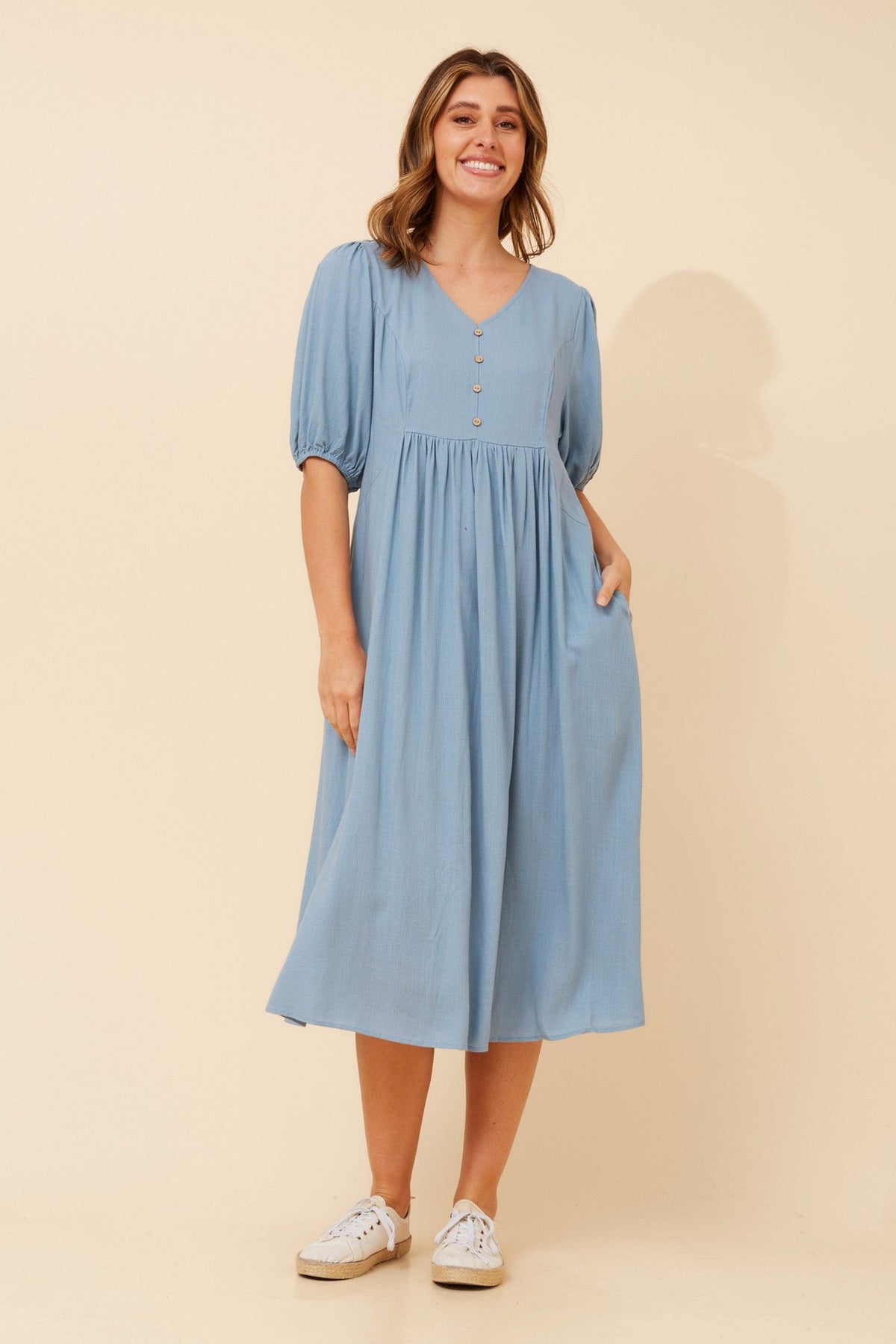 Image of Dresses. Product name - ORAZIA LINEN BLEND DRESS in Blue Jean colour by brand - Caroline Morgan Australia
