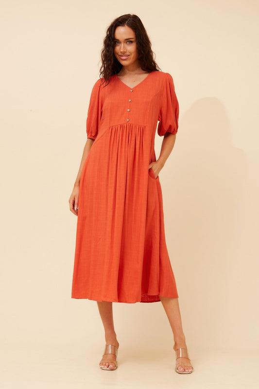 Image of Dresses. Product name - ORAZIA LINEN BLEND DRESS in Burnt Sienna colour by brand - Caroline Morgan Australia