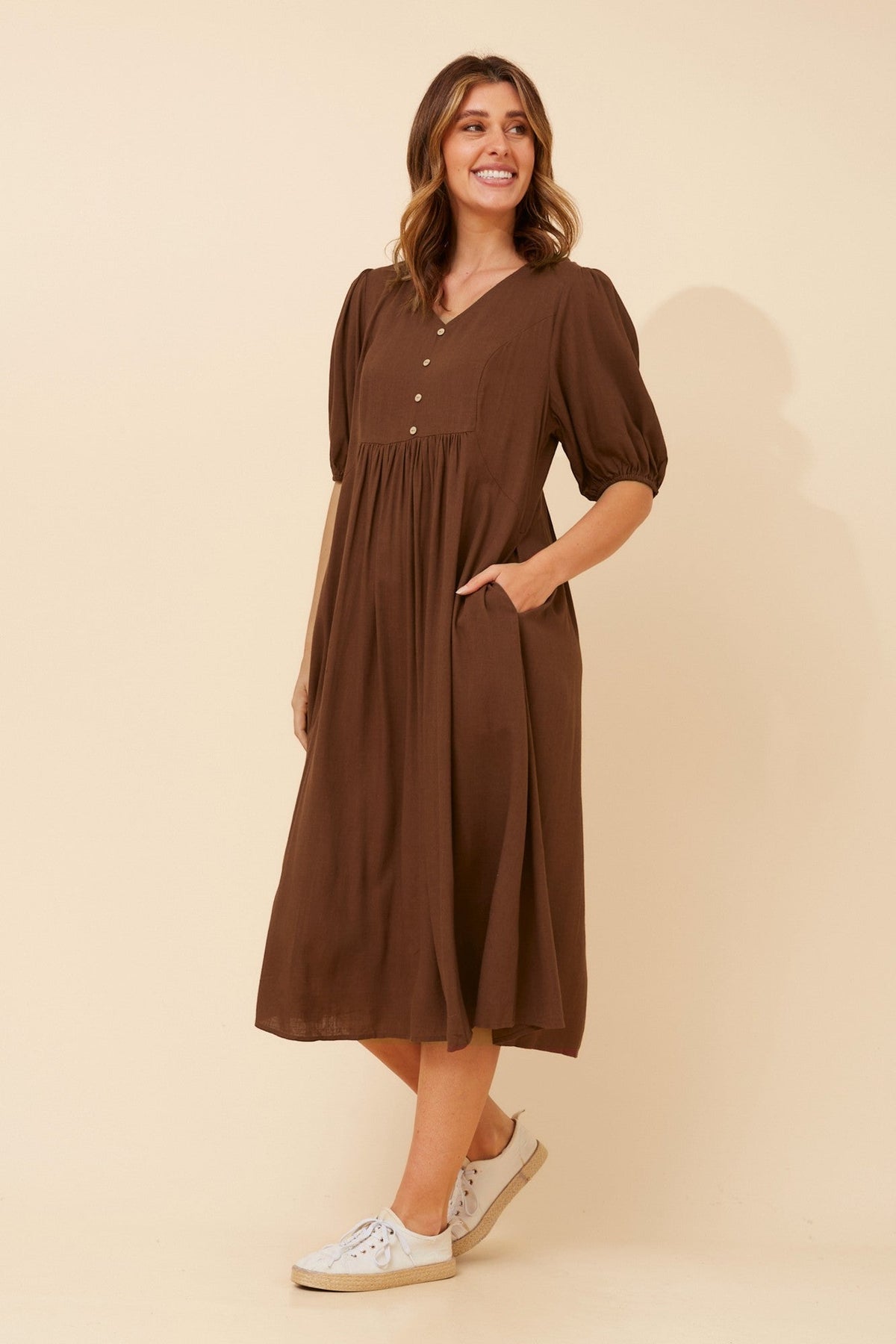 Caroline Morgan Australia ORAZIA LINEN BLEND DRESS (Chocolate)