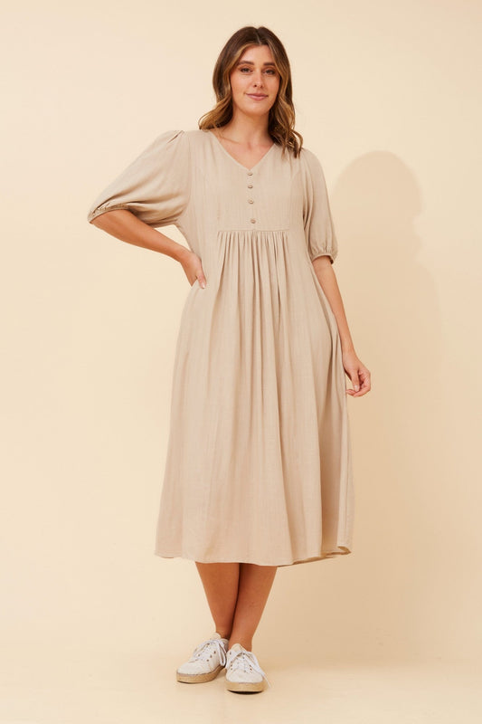 Image of Dresses. Product name - ORAZIA LINEN BLEND DRESS in Clay colour by brand - Caroline Morgan Australia