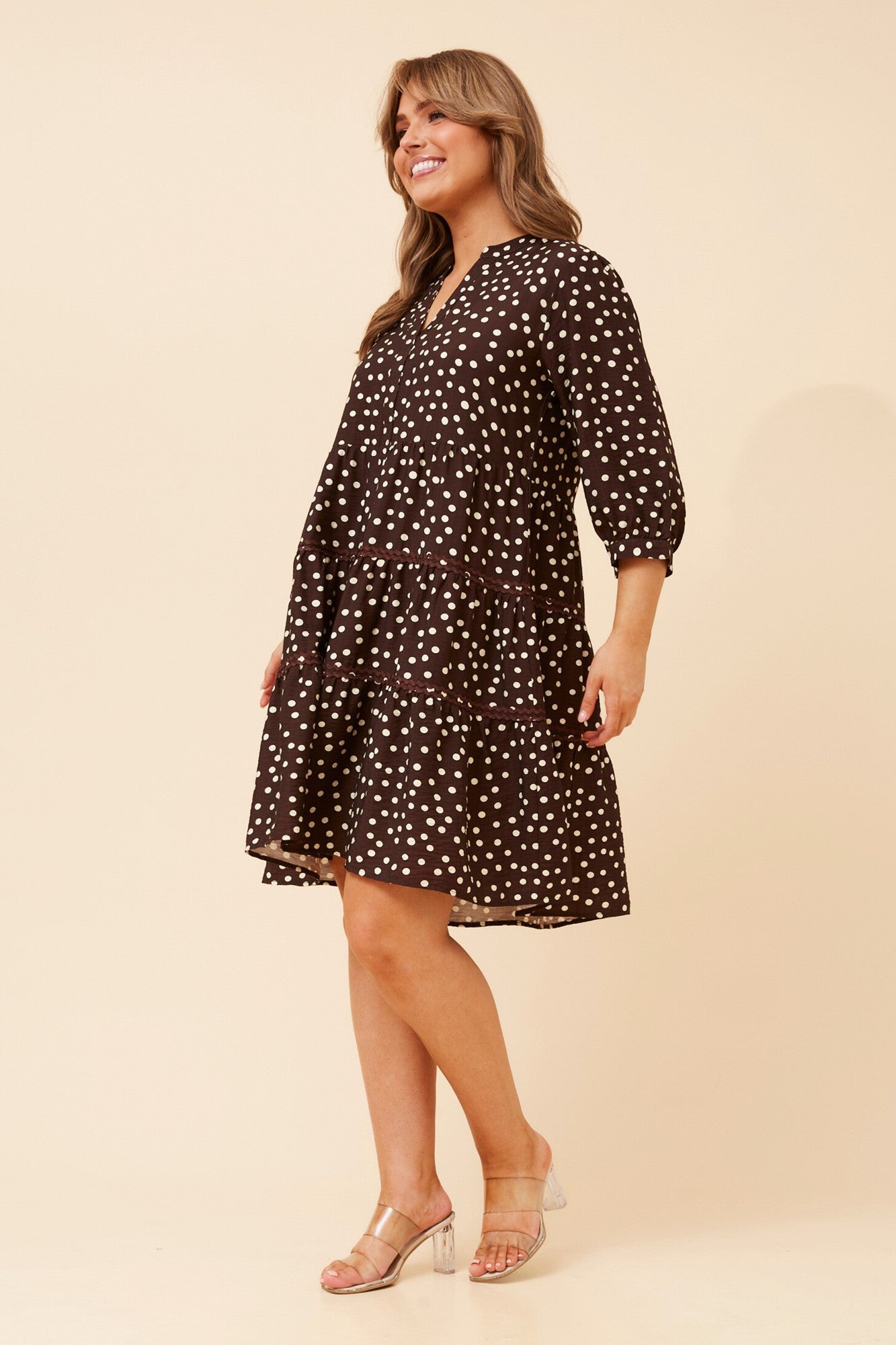 Image of Dresses. Product name - ROWINA POLKA DOT DRESS in Chocolate colour by brand - Caroline Morgan Australia