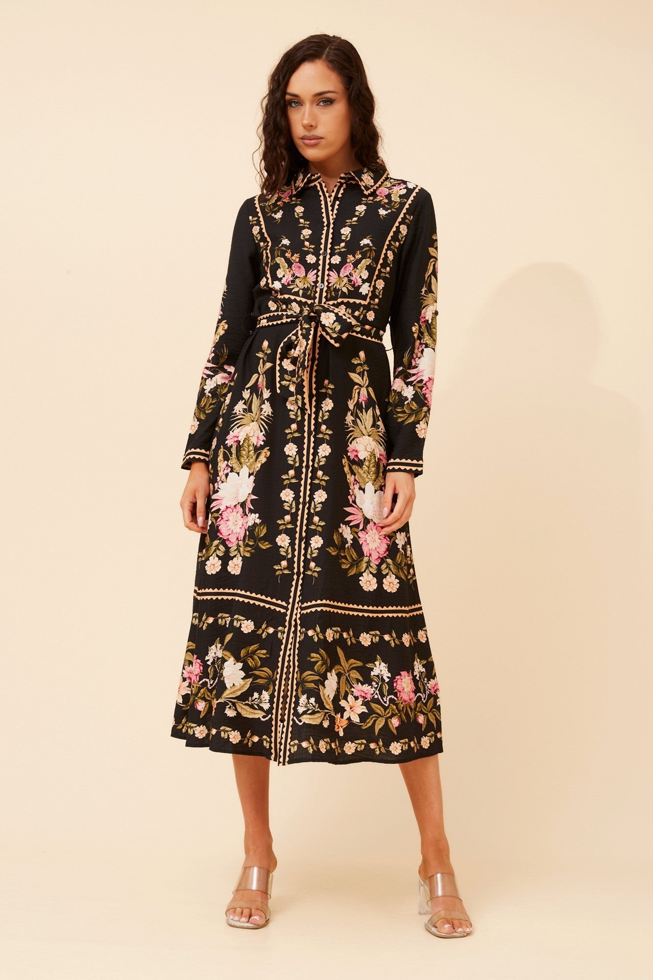 Image of Dresses. Product name - MARGO BORDER PRINT MAXI DRESS in Black colour by brand - Caroline Morgan Australia
