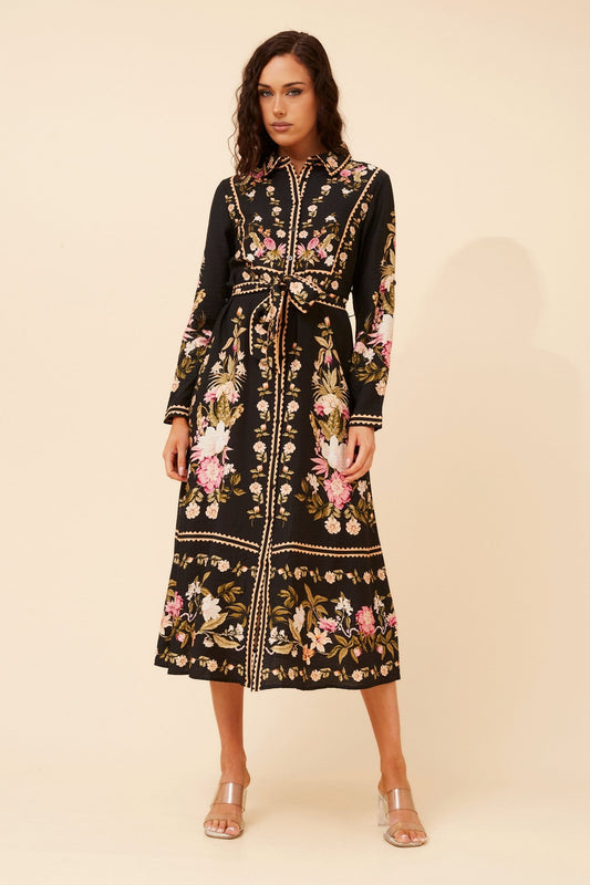 Image of Dresses. Product name - MARGO BORDER PRINT MAXI DRESS in Black colour by brand - Caroline Morgan Australia