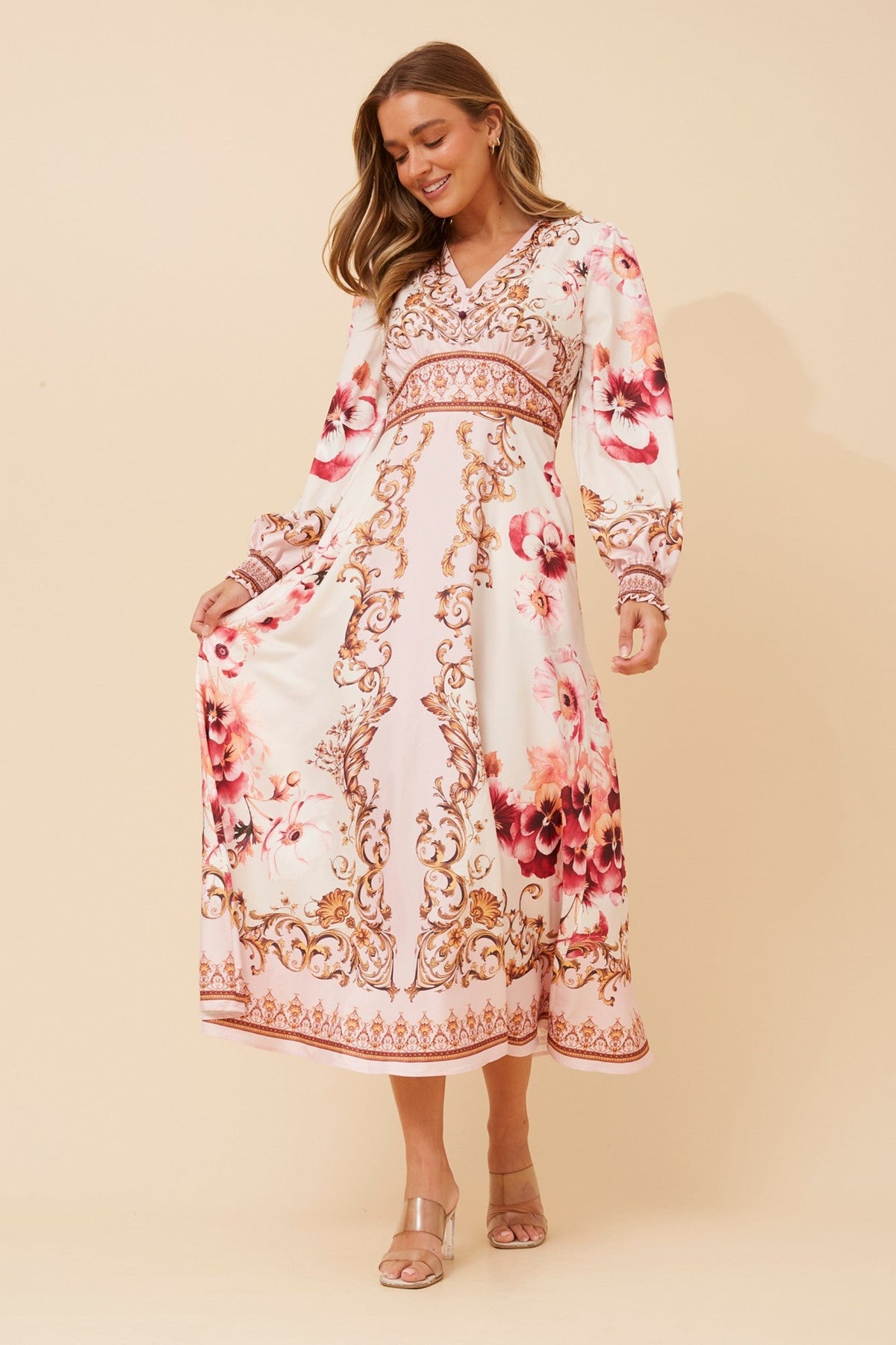 Image of Dresses. Product name - CATALEYA ARABESQUE PRINT DRESS in Pink colour by brand - Caroline Morgan Australia