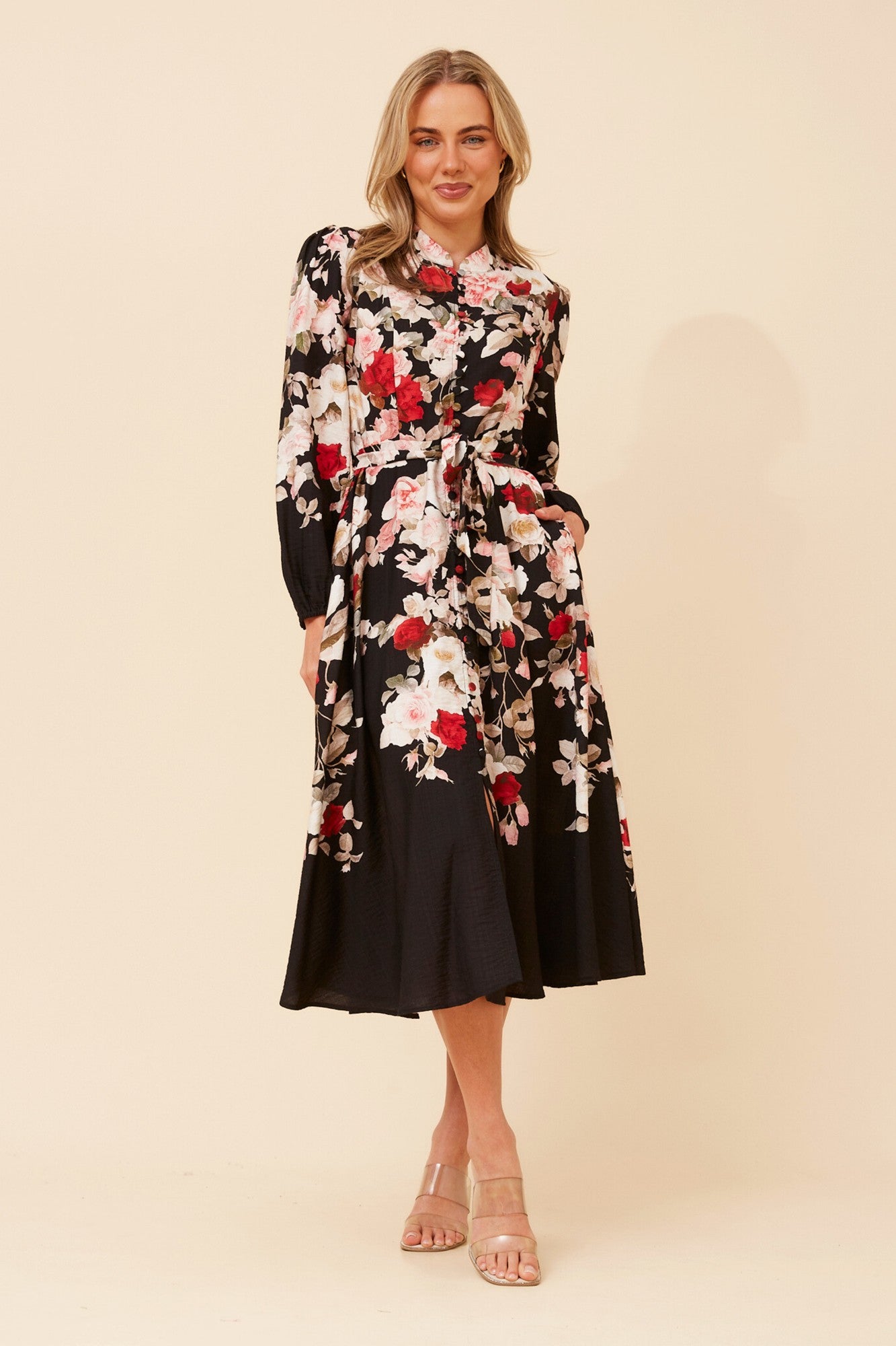 MUSETTA FLORAL PRINT MIDI DRESS (Black)