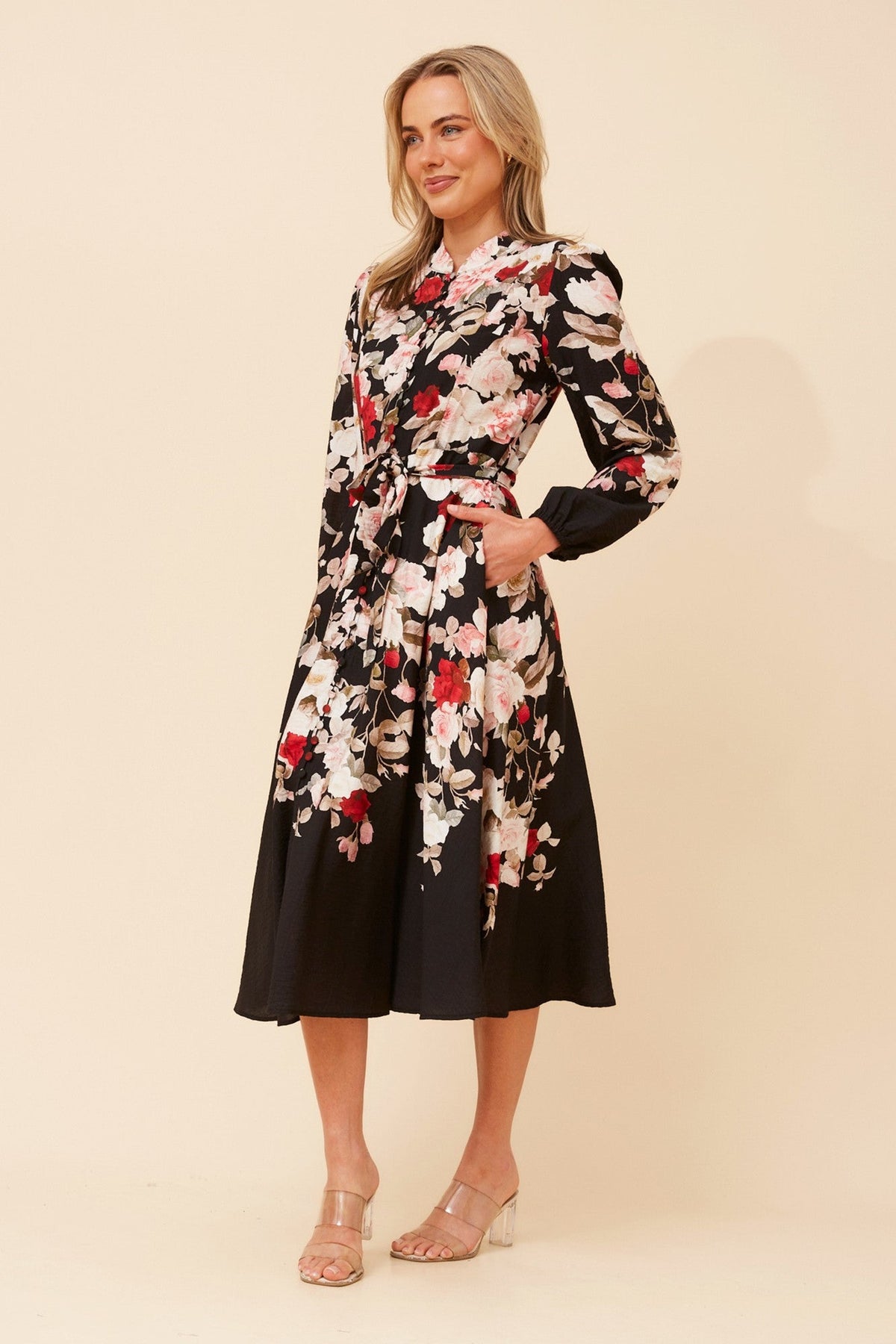 MUSETTA FLORAL PRINT MIDI DRESS (Black)