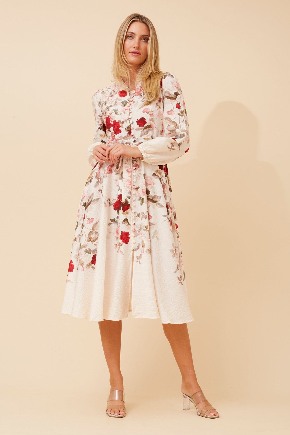 Image of Dresses. Product name - MUSETTA FLORAL PRINT MIDI DRESS in Black colour by brand - Caroline Morgan Australia