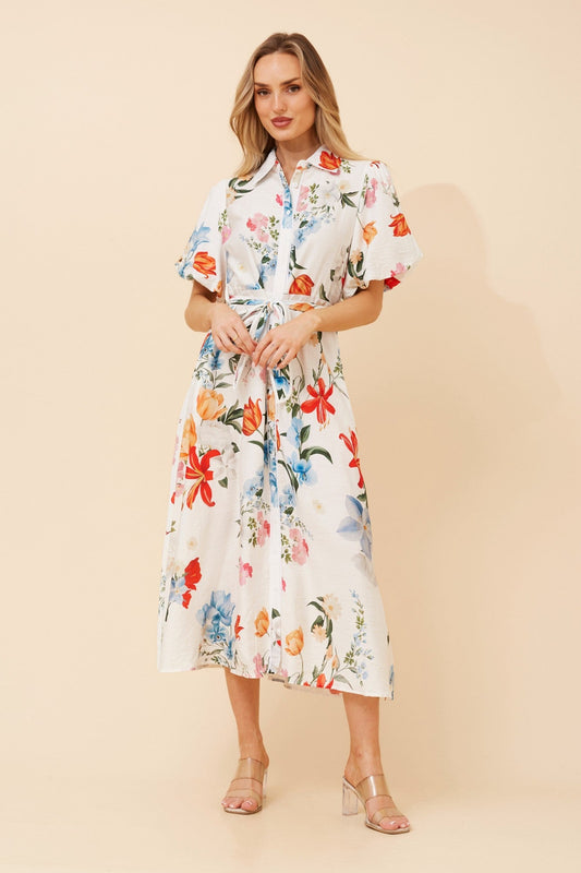 Image of Dresses. Product name - ESSIE FLORAL MIDI DRESS in Multi White colour by brand - Caroline Morgan Australia