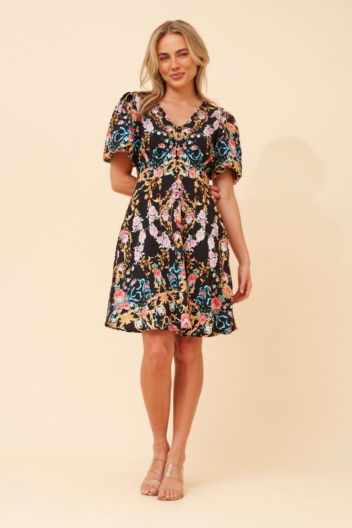 RHYS ARABESQUE PRINT DRESS (Multi Black)