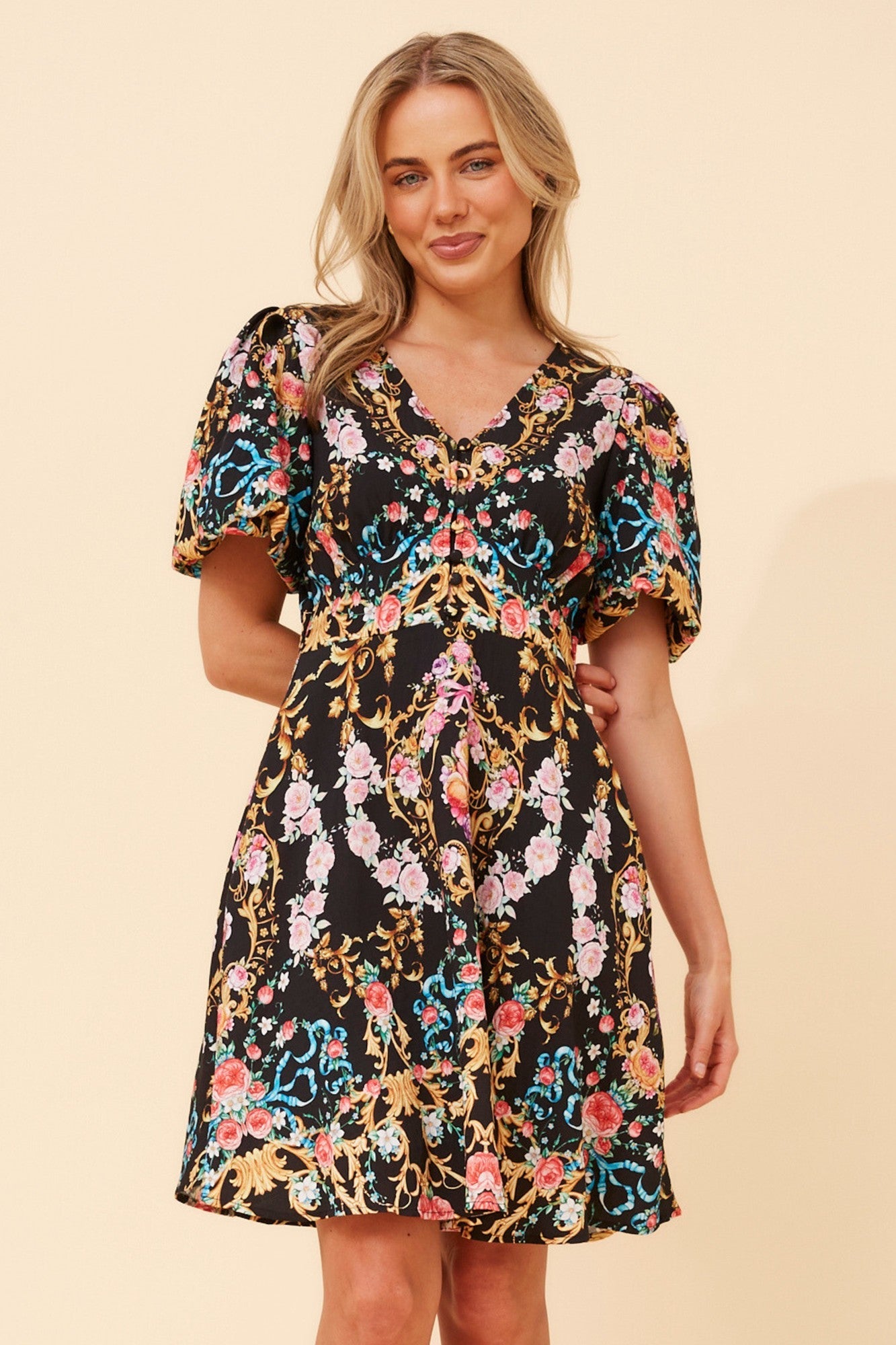 RHYS ARABESQUE PRINT DRESS (Multi Black)