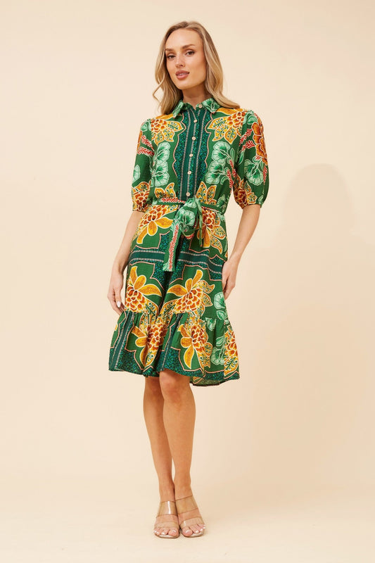 Image of Dresses. Product name - TANZINA FLORAL SHIRT DRESS in Green colour by brand - Caroline Morgan Australia