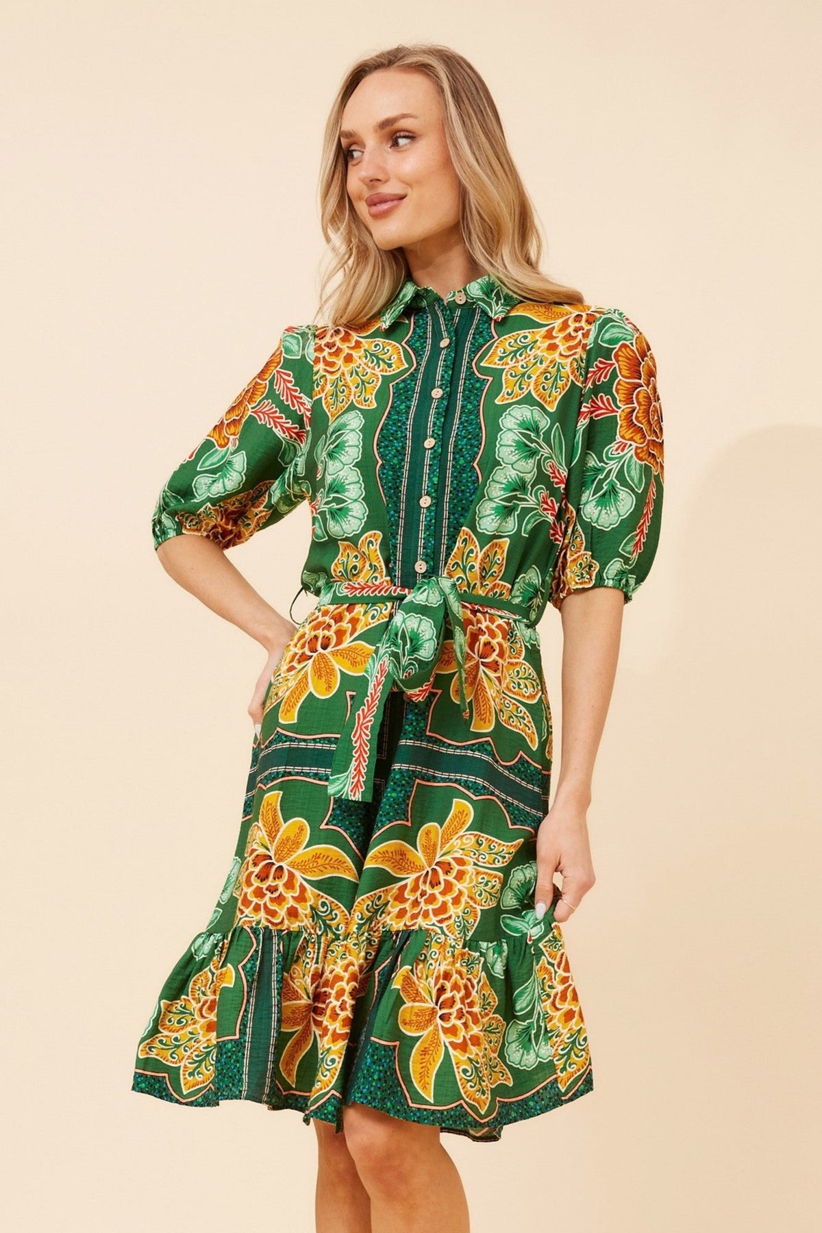 TANZINA FLORAL SHIRT DRESS (Green)