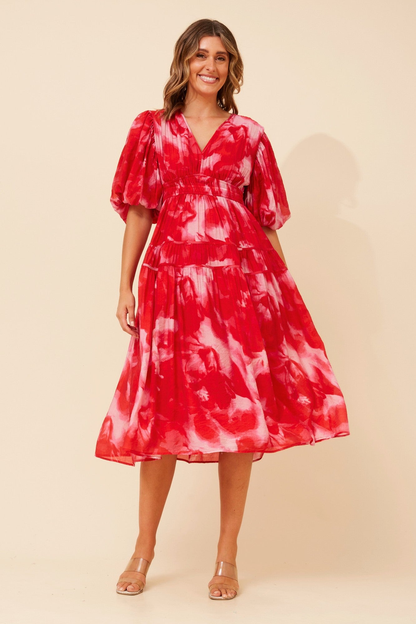 Image of Dresses. Product name - ANUSHKA ABSTRACT PRINT DRESS in Multi Blue colour by brand - Caroline Morgan Australia